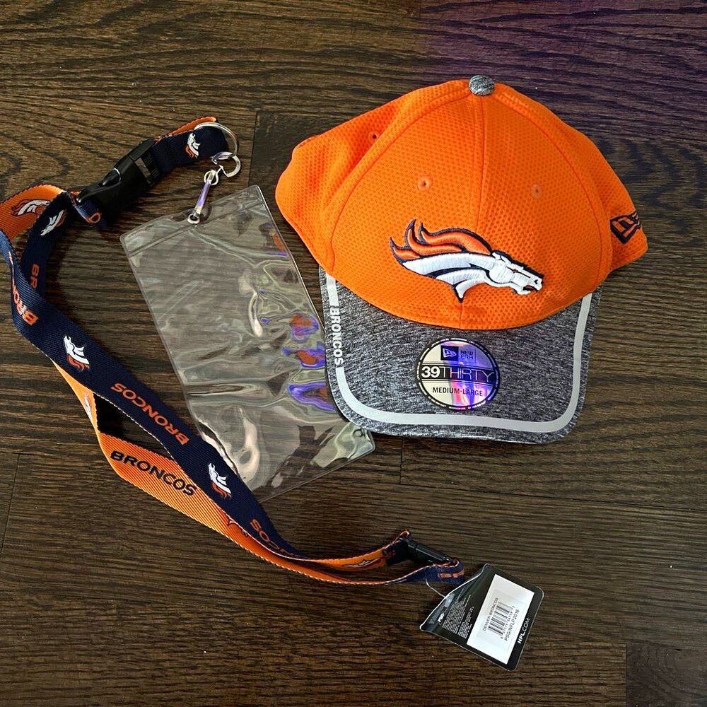 New Era 39THIRTY- Broncos NFL Hat M-L Orange/Gray/Navy + Lanyard Ticket Holder